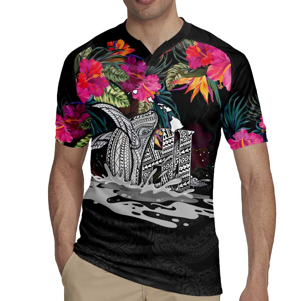 Personalised Hawaii Rugby Jersey Humpback Whale Tattoo With Tropical Flowers Black