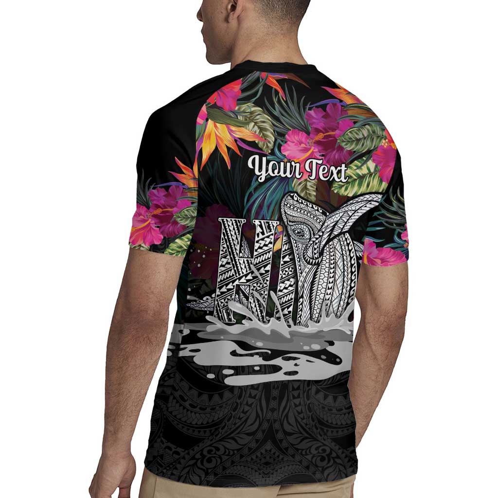Personalised Hawaii Rugby Jersey Humpback Whale Tattoo With Tropical Flowers Black