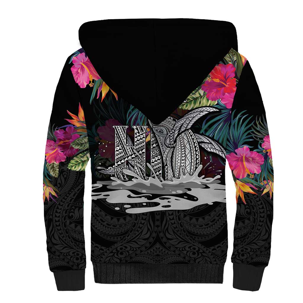 Personalised Hawaii Sherpa Hoodie Humpback Whale Tattoo With Tropical Flowers Black
