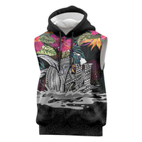 Personalised Hawaii Sleeveless Hoodie Humpback Whale Tattoo With Tropical Flowers Black