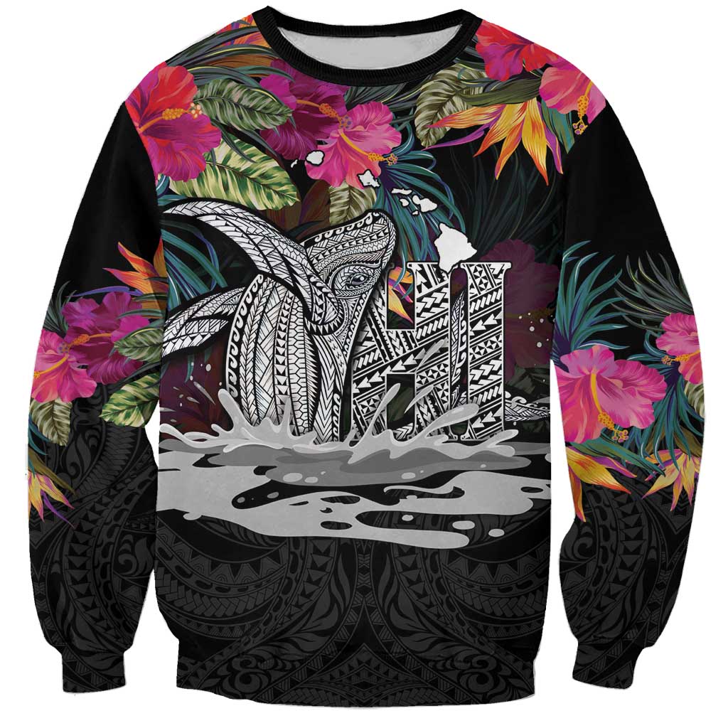 Personalised Hawaii Sweatshirt Humpback Whale Tattoo With Tropical Flowers Black