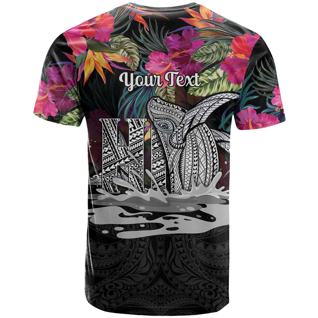 Personalised Hawaii T Shirt Humpback Whale Tattoo With Tropical Flowers Black