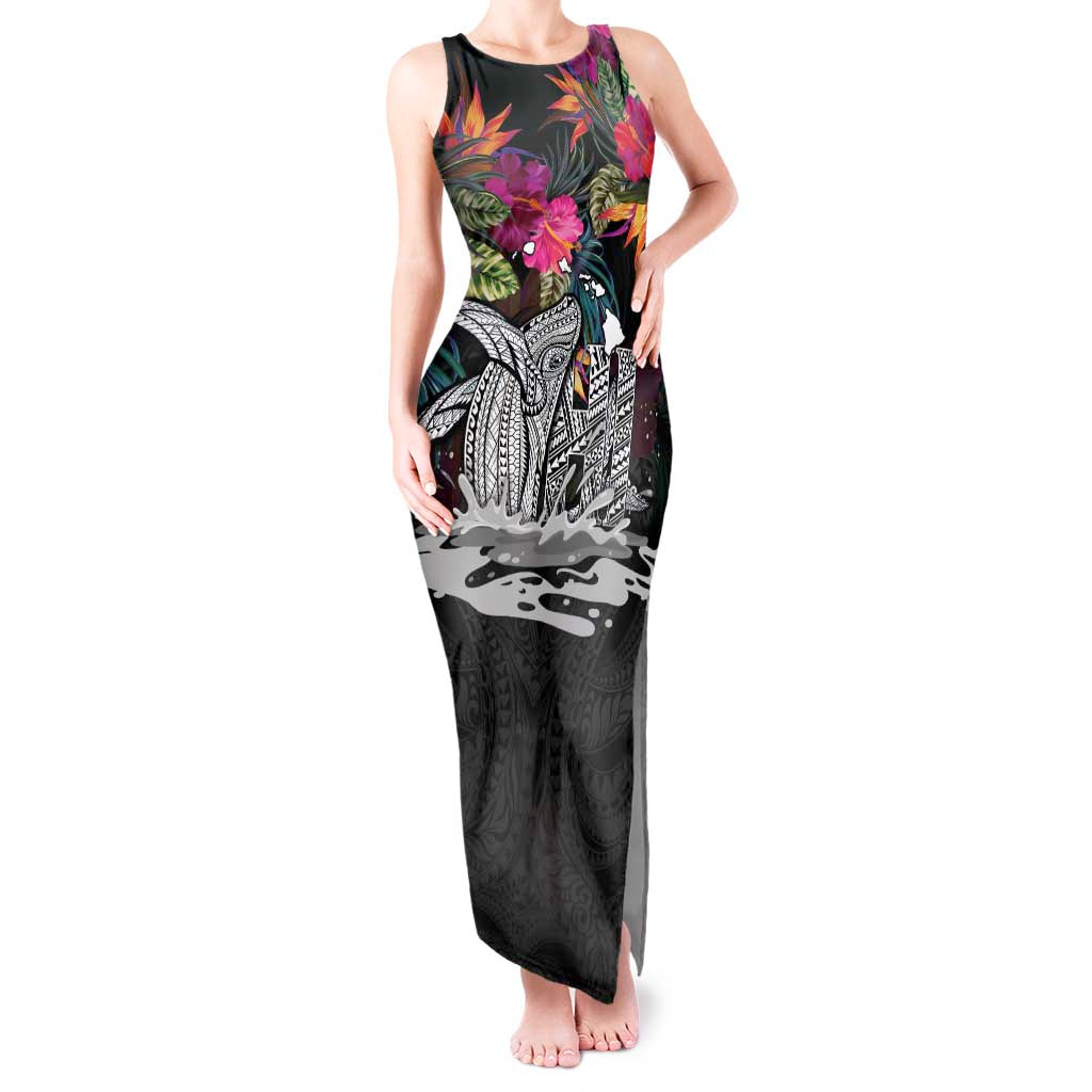 Personalised Hawaii Tank Maxi Dress Humpback Whale Tattoo With Tropical Flowers Black