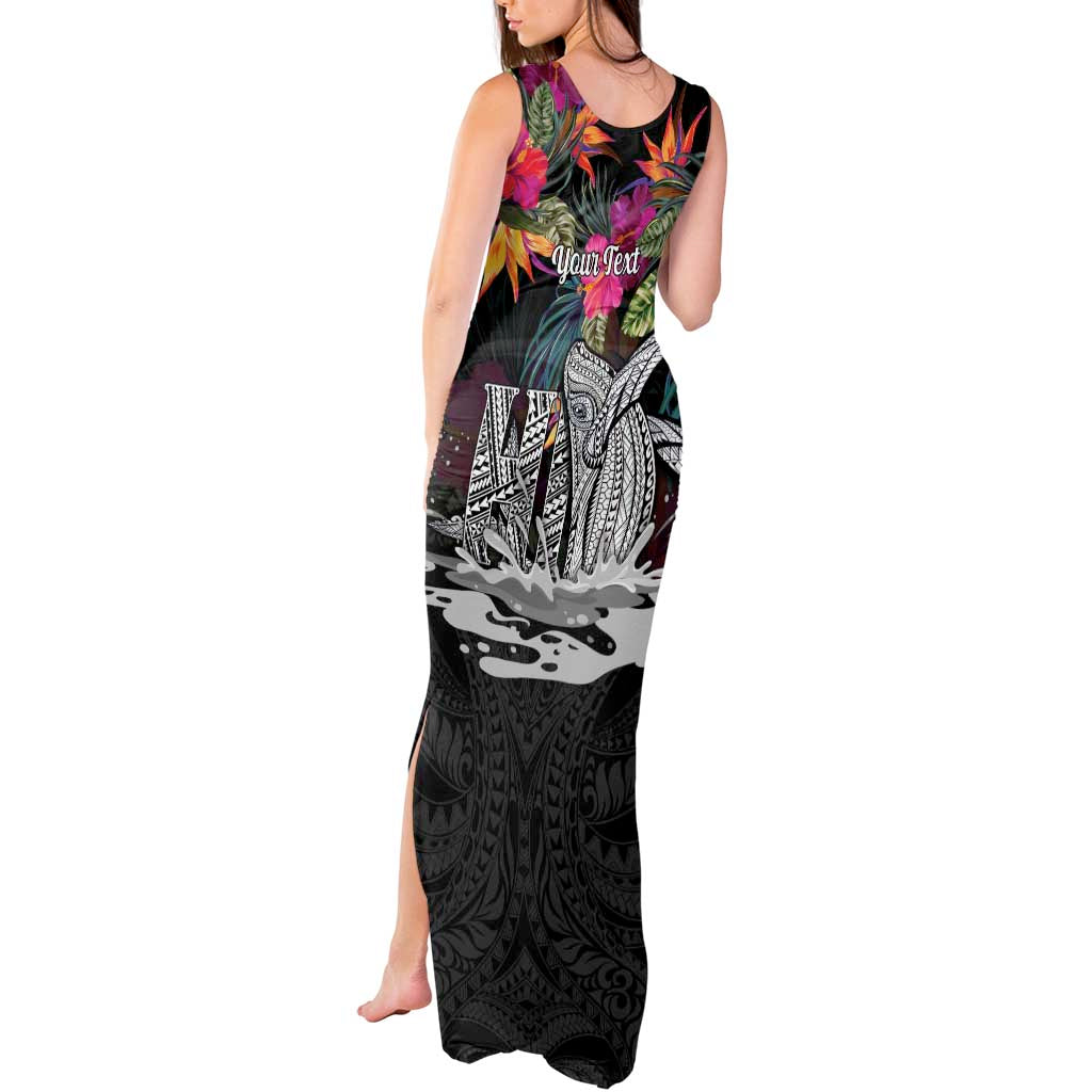 Personalised Hawaii Tank Maxi Dress Humpback Whale Tattoo With Tropical Flowers Black