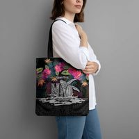 Personalised Hawaii Tote Bag Humpback Whale Tattoo With Tropical Flowers Black