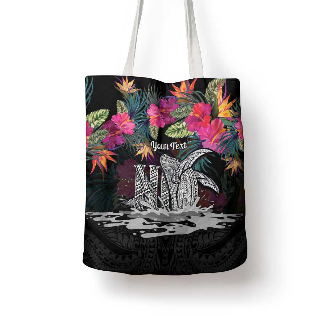 Personalised Hawaii Tote Bag Humpback Whale Tattoo With Tropical Flowers Black