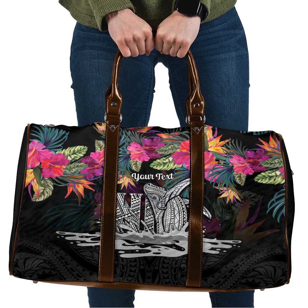 Personalised Hawaii Travel Bag Humpback Whale Tattoo With Tropical Flowers Black LT14 Black - Polynesian Pride