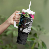 Personalised Hawaii Tumbler With Handle Humpback Whale Tattoo With Tropical Flowers Black