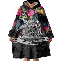 Personalised Hawaii Wearable Blanket Hoodie Humpback Whale Tattoo With Tropical Flowers Black