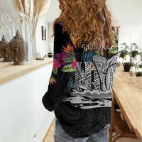 Personalised Hawaii Women Casual Shirt Humpback Whale Tattoo With Tropical Flowers Black
