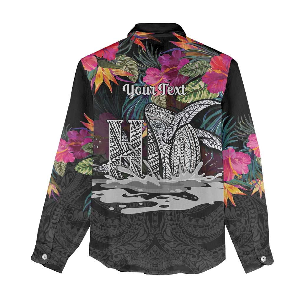 Personalised Hawaii Women Casual Shirt Humpback Whale Tattoo With Tropical Flowers Black