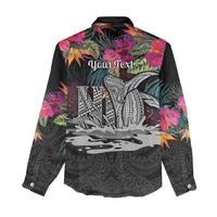 Personalised Hawaii Women Casual Shirt Humpback Whale Tattoo With Tropical Flowers Black