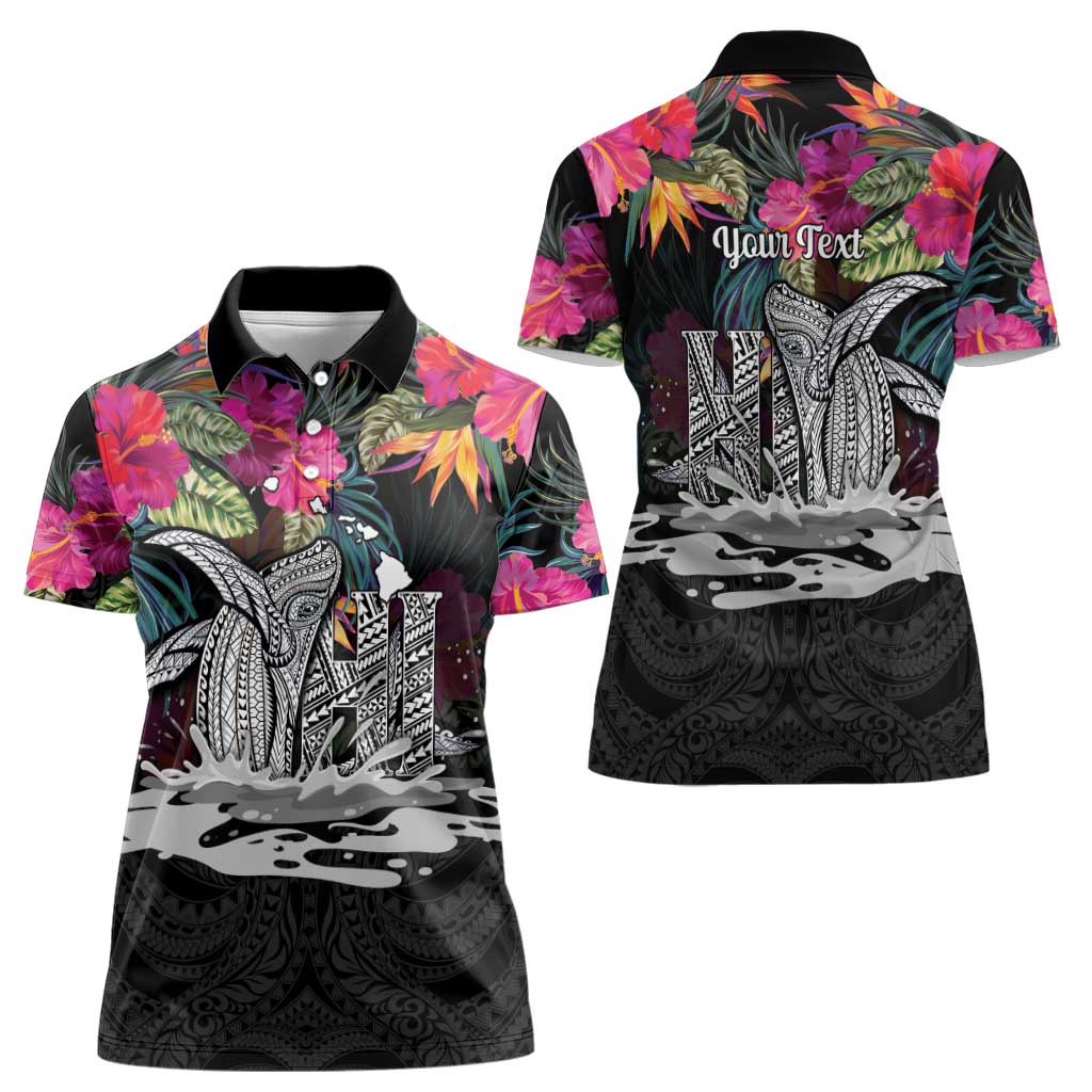 Personalised Hawaii Women Polo Shirt Humpback Whale Tattoo With Tropical Flowers Black