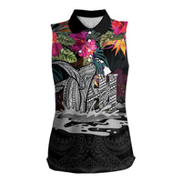 Personalised Hawaii Women Sleeveless Polo Shirt Humpback Whale Tattoo With Tropical Flowers Black LT14 Female Black - Polynesian Pride