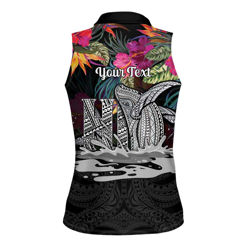 Personalised Hawaii Women Sleeveless Polo Shirt Humpback Whale Tattoo With Tropical Flowers Black LT14 - Polynesian Pride
