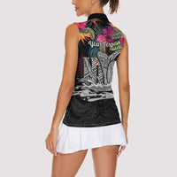 Personalised Hawaii Women Sleeveless Polo Shirt Humpback Whale Tattoo With Tropical Flowers Black LT14 - Polynesian Pride