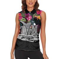 Personalised Hawaii Women Sleeveless Polo Shirt Humpback Whale Tattoo With Tropical Flowers Black LT14 - Polynesian Pride