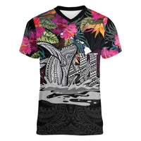 Personalised Hawaii Women V-Neck T-Shirt Humpback Whale Tattoo With Tropical Flowers Black LT14 Female Black - Polynesian Pride