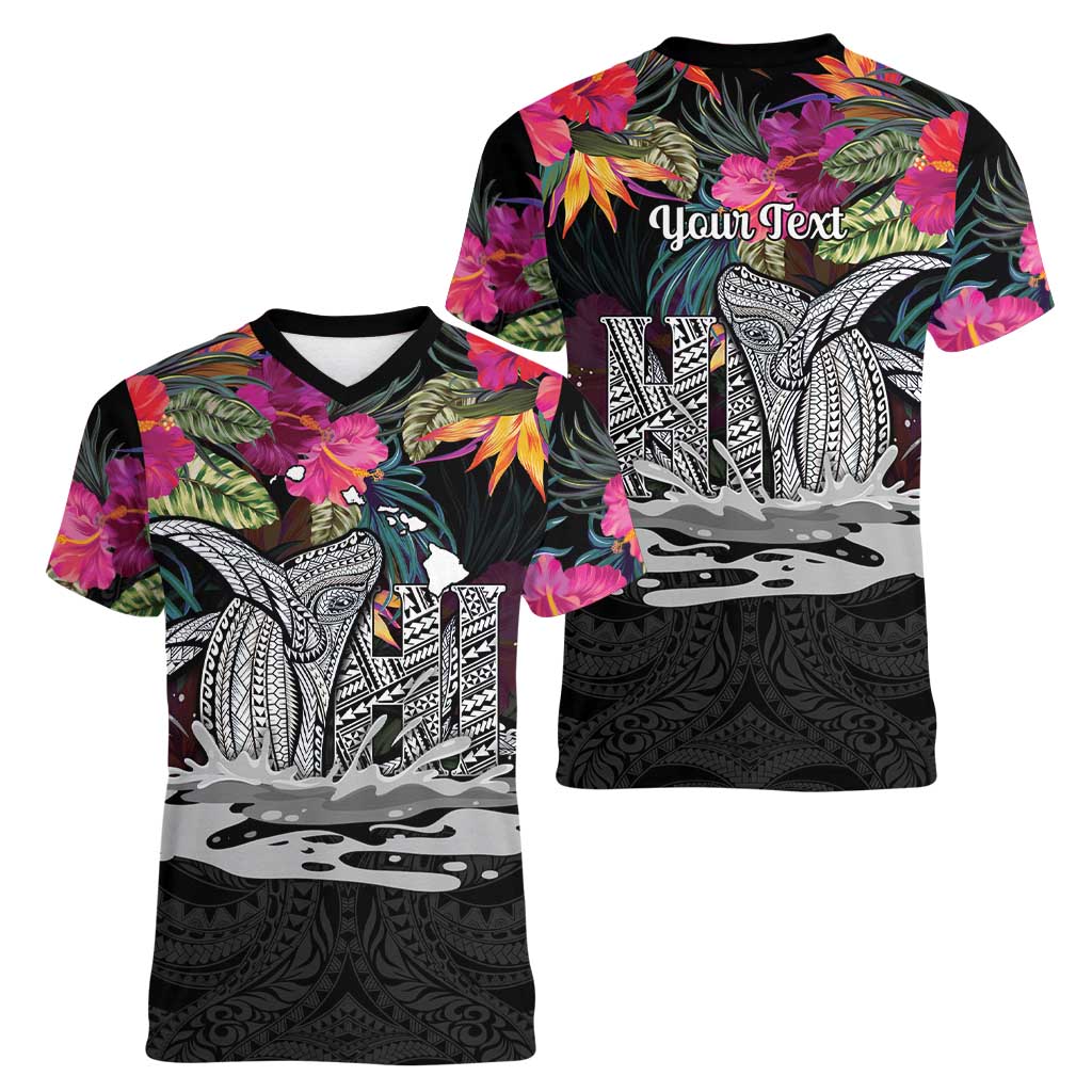 Personalised Hawaii Women V-Neck T-Shirt Humpback Whale Tattoo With Tropical Flowers Black LT14 - Polynesian Pride