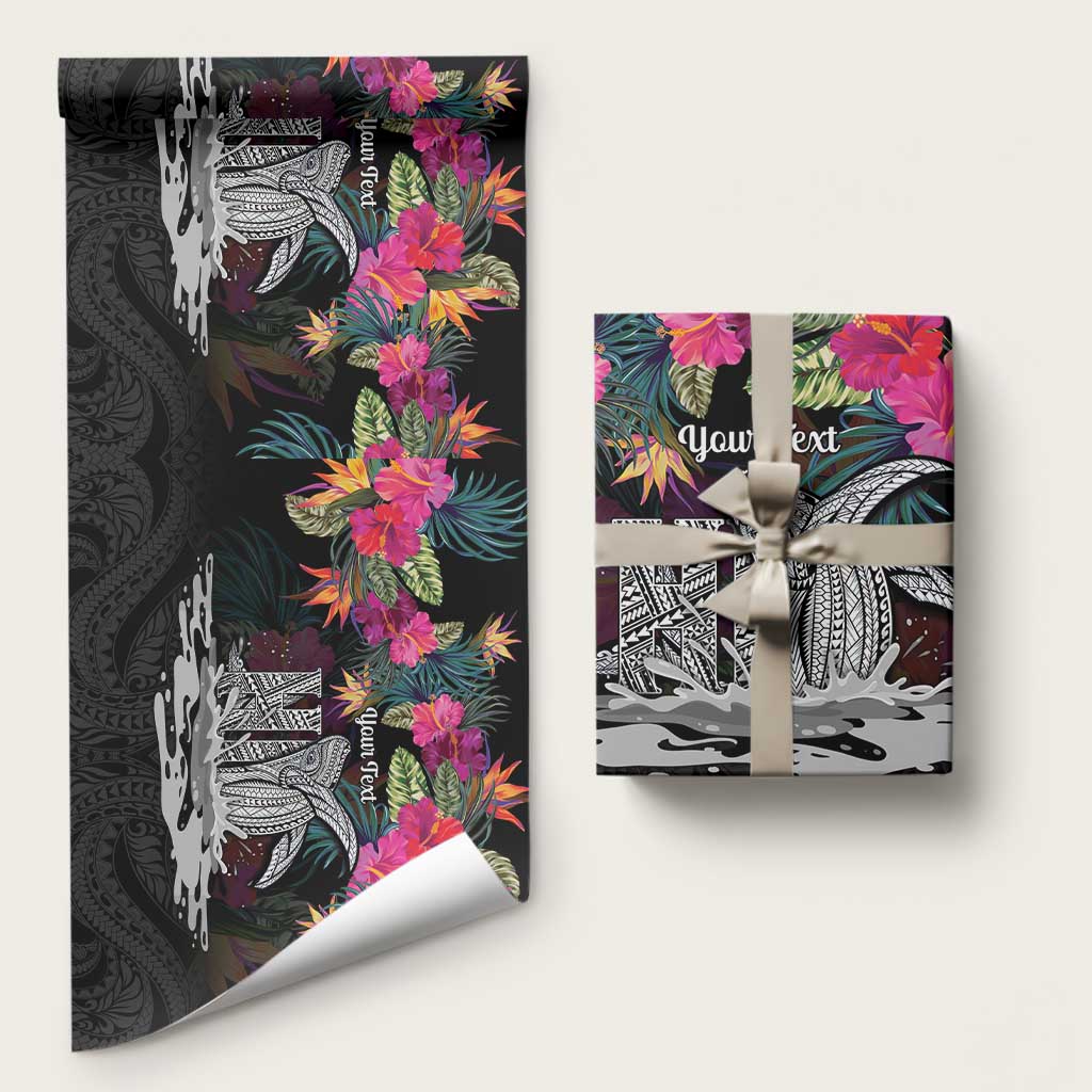 Personalised Hawaii Wrapping Paper Humpback Whale Tattoo With Tropical Flowers Black