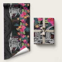 Personalised Hawaii Wrapping Paper Humpback Whale Tattoo With Tropical Flowers Black
