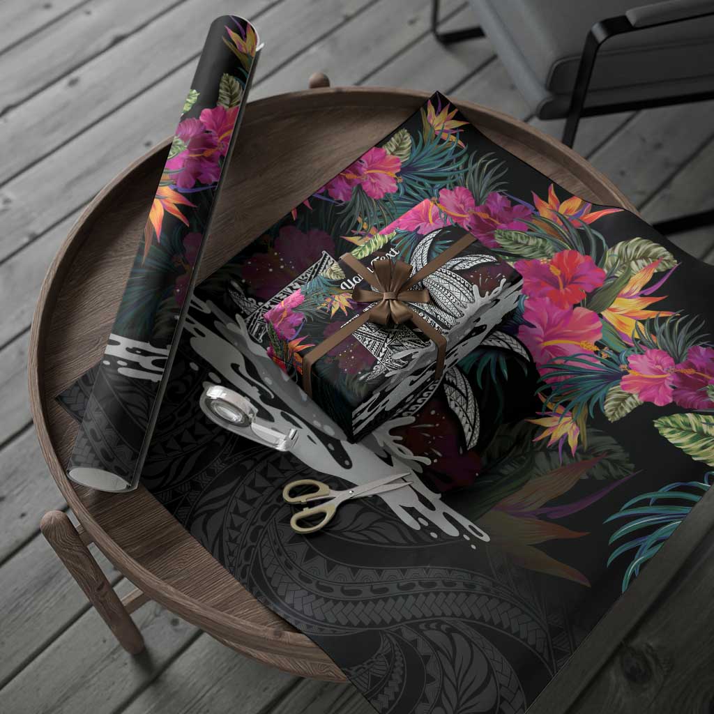 Personalised Hawaii Wrapping Paper Humpback Whale Tattoo With Tropical Flowers Black
