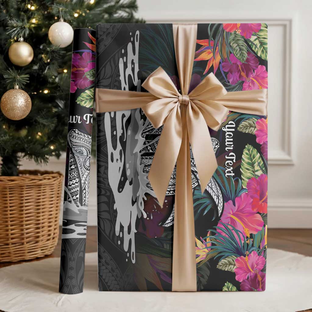 Personalised Hawaii Wrapping Paper Humpback Whale Tattoo With Tropical Flowers Black