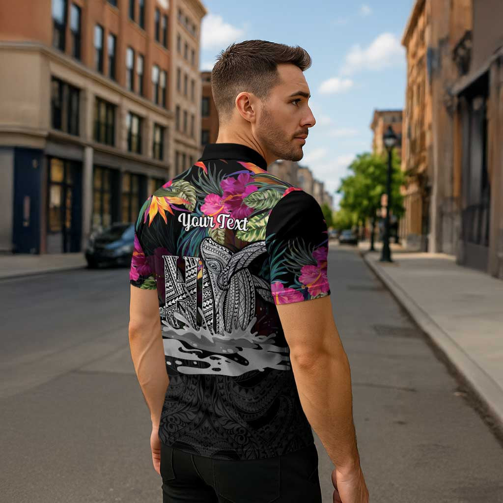 Personalised Hawaii Zipper Polo Shirt Humpback Whale Tattoo With Tropical Flowers Black