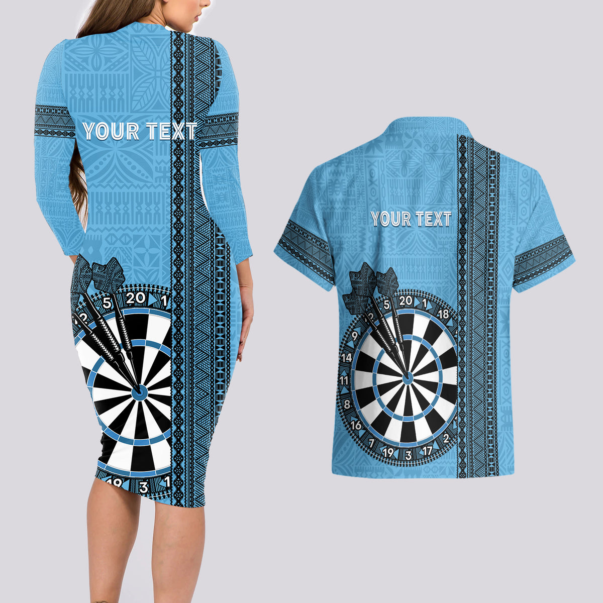 Personalised Fiji Darts Couples Matching Long Sleeve Bodycon Dress and Hawaiian Shirt Fijian Tapa Pattern - Blue LT14 - Polynesian Pride