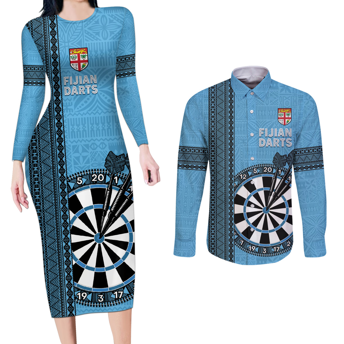 Personalised Fiji Darts Couples Matching Long Sleeve Bodycon Dress and Long Sleeve Button Shirt Fijian Tapa Pattern - Blue LT14 Blue - Polynesian Pride