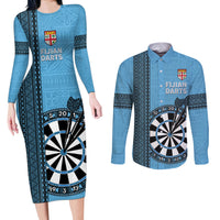 Personalised Fiji Darts Couples Matching Long Sleeve Bodycon Dress and Long Sleeve Button Shirt Fijian Tapa Pattern - Blue LT14 Blue - Polynesian Pride