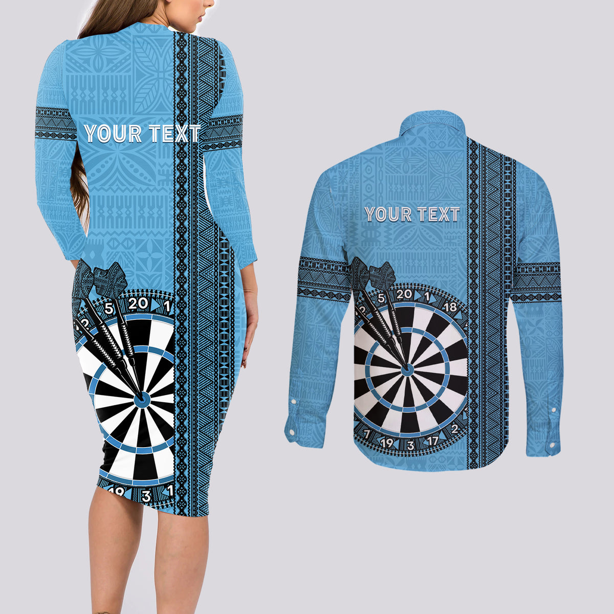 Personalised Fiji Darts Couples Matching Long Sleeve Bodycon Dress and Long Sleeve Button Shirt Fijian Tapa Pattern - Blue LT14 - Polynesian Pride