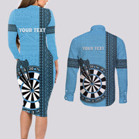 Personalised Fiji Darts Couples Matching Long Sleeve Bodycon Dress and Long Sleeve Button Shirt Fijian Tapa Pattern - Blue LT14 - Polynesian Pride