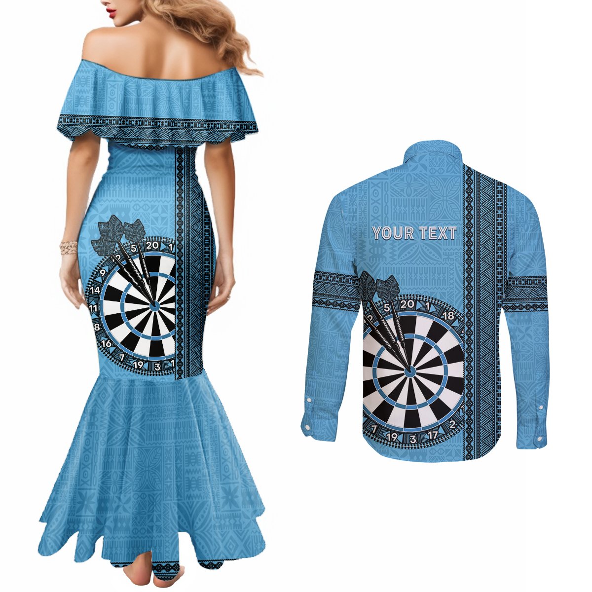 Personalised Fiji Darts Couples Matching Mermaid Dress and Long Sleeve Button Shirt Fijian Tapa Pattern - Blue LT14 - Polynesian Pride