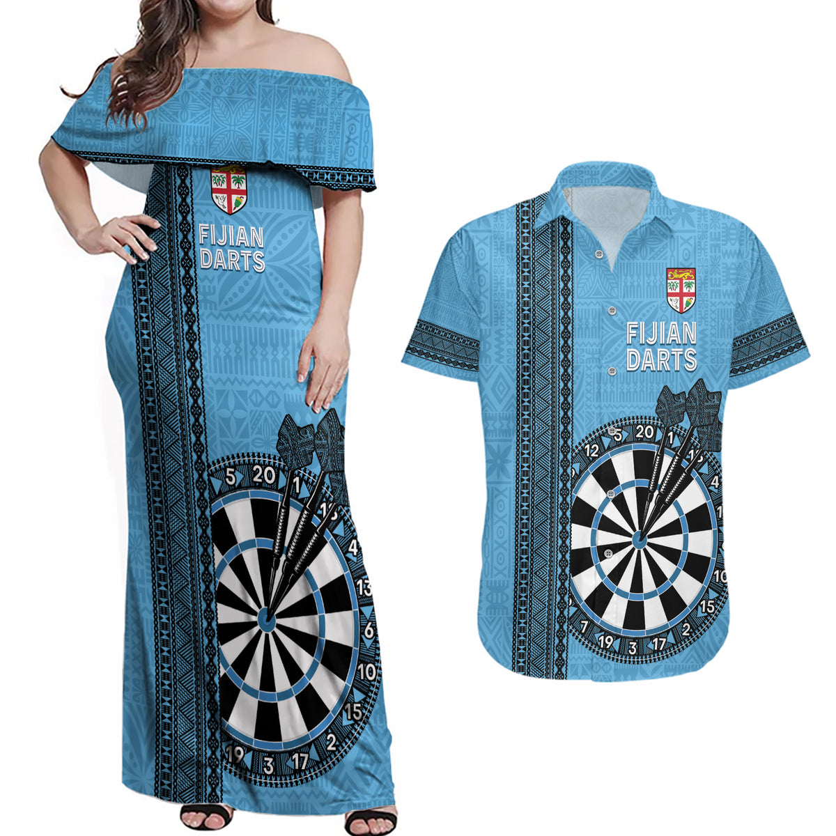 Personalised Fiji Darts Couples Matching Off Shoulder Maxi Dress and Hawaiian Shirt Fijian Tapa Pattern - Blue LT14 Blue - Polynesian Pride