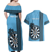 Personalised Fiji Darts Couples Matching Off Shoulder Maxi Dress and Hawaiian Shirt Fijian Tapa Pattern - Blue LT14 - Polynesian Pride