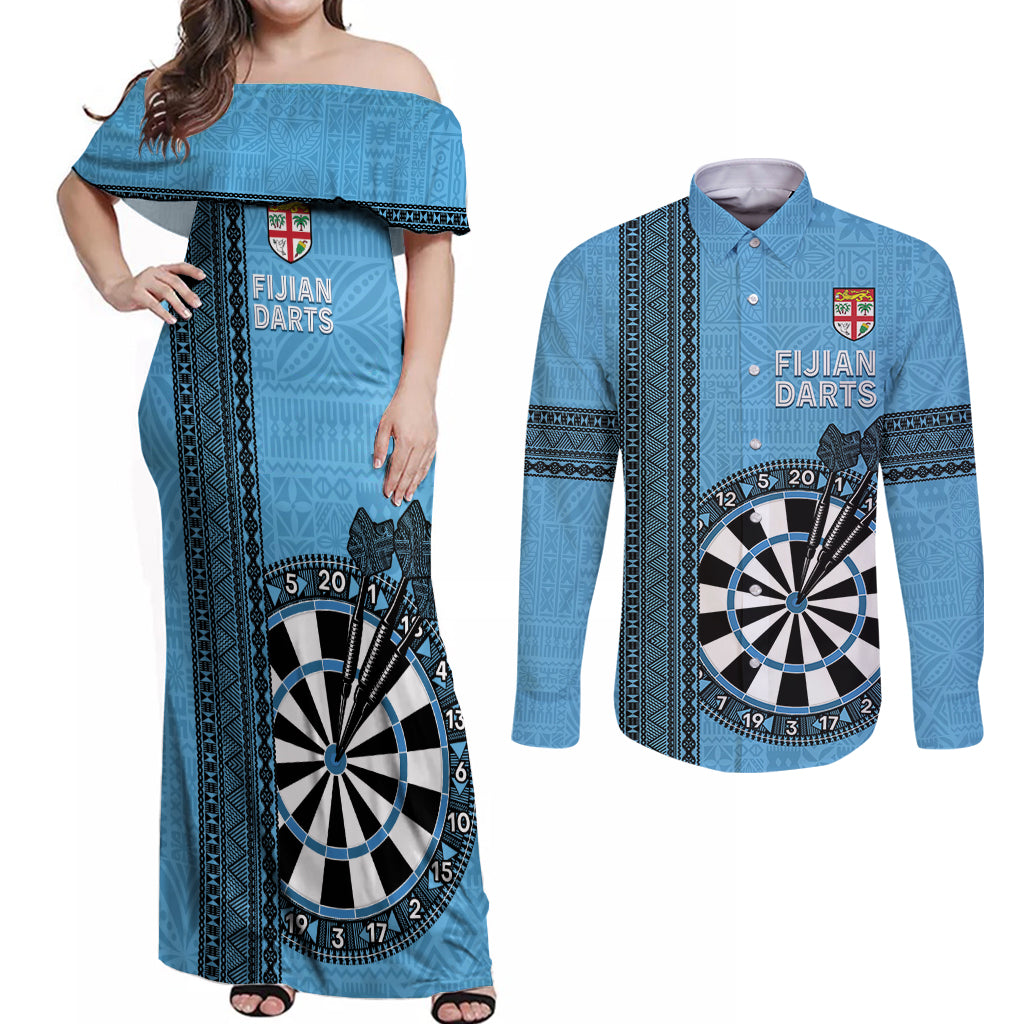 Personalised Fiji Darts Couples Matching Off Shoulder Maxi Dress and Long Sleeve Button Shirt Fijian Tapa Pattern - Blue LT14 Blue - Polynesian Pride