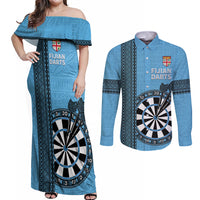 Personalised Fiji Darts Couples Matching Off Shoulder Maxi Dress and Long Sleeve Button Shirt Fijian Tapa Pattern - Blue LT14 Blue - Polynesian Pride