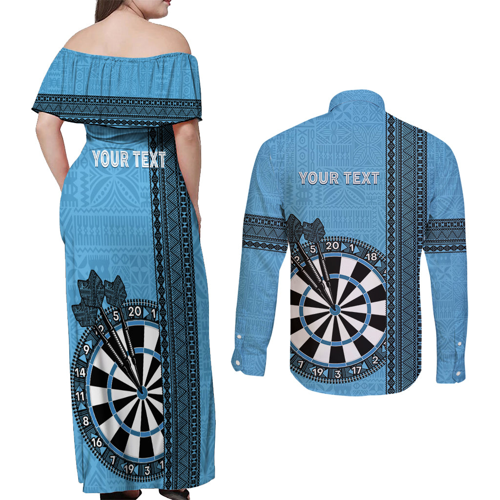 Personalised Fiji Darts Couples Matching Off Shoulder Maxi Dress and Long Sleeve Button Shirt Fijian Tapa Pattern - Blue LT14 - Polynesian Pride