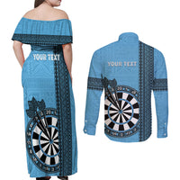 Personalised Fiji Darts Couples Matching Off Shoulder Maxi Dress and Long Sleeve Button Shirt Fijian Tapa Pattern - Blue LT14 - Polynesian Pride