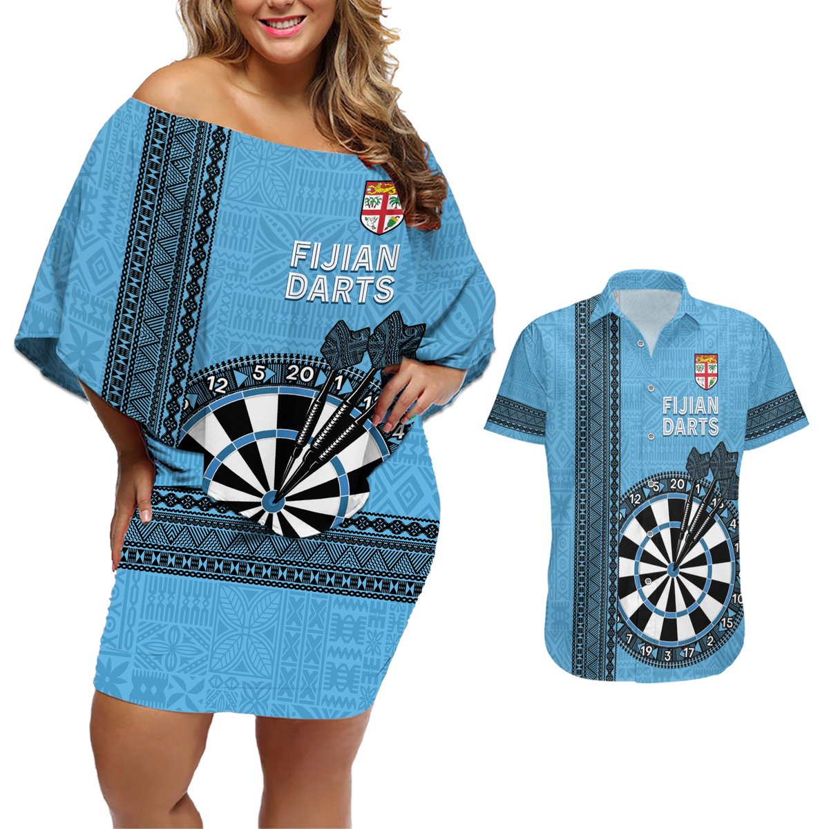 Personalised Fiji Darts Couples Matching Off Shoulder Short Dress and Hawaiian Shirt Fijian Tapa Pattern - Blue LT14 Blue - Polynesian Pride