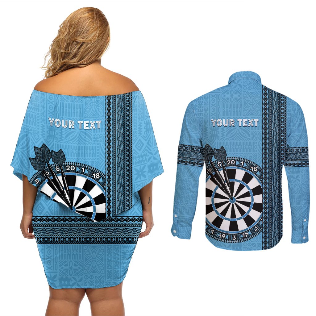 Personalised Fiji Darts Couples Matching Off Shoulder Short Dress and Long Sleeve Button Shirt Fijian Tapa Pattern - Blue LT14 - Polynesian Pride