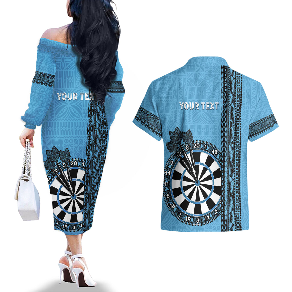 Personalised Fiji Darts Couples Matching Off The Shoulder Long Sleeve Dress and Hawaiian Shirt Fijian Tapa Pattern - Blue LT14 - Polynesian Pride