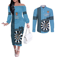 Personalised Fiji Darts Couples Matching Off The Shoulder Long Sleeve Dress and Long Sleeve Button Shirt Fijian Tapa Pattern - Blue LT14 Blue - Polynesian Pride