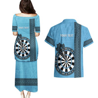 Personalised Fiji Darts Couples Matching Puletasi and Hawaiian Shirt Fijian Tapa Pattern - Blue LT14 - Polynesian Pride