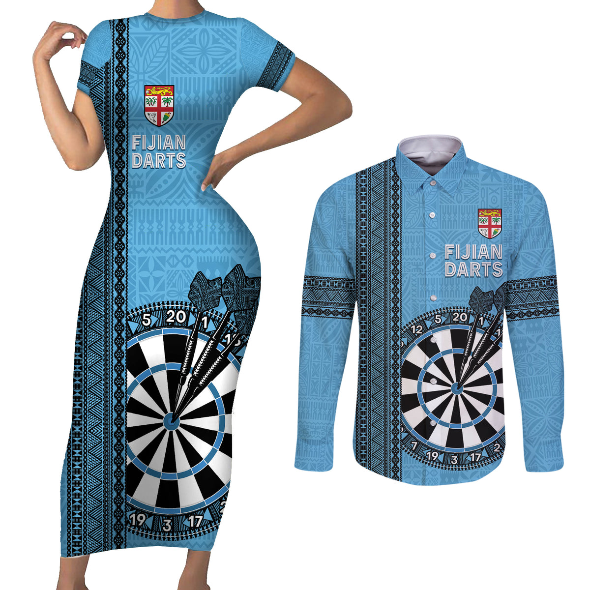 Personalised Fiji Darts Couples Matching Short Sleeve Bodycon Dress and Long Sleeve Button Shirt Fijian Tapa Pattern - Blue LT14 Blue - Polynesian Pride