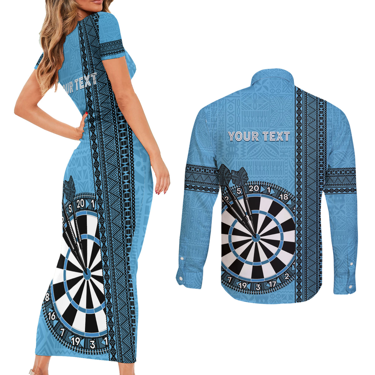 Personalised Fiji Darts Couples Matching Short Sleeve Bodycon Dress and Long Sleeve Button Shirt Fijian Tapa Pattern - Blue LT14 - Polynesian Pride
