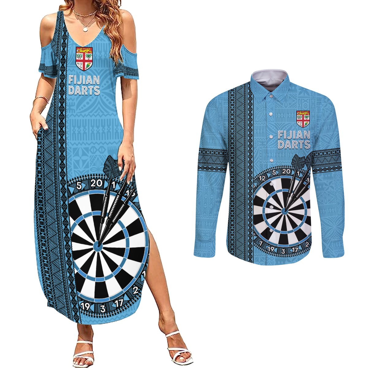 Personalised Fiji Darts Couples Matching Summer Maxi Dress and Long Sleeve Button Shirt Fijian Tapa Pattern - Blue LT14 Blue - Polynesian Pride