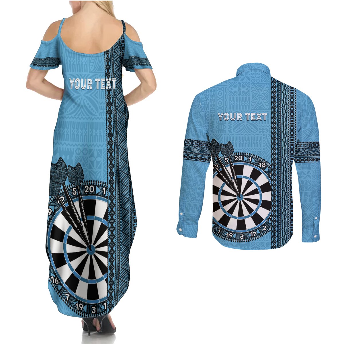 Personalised Fiji Darts Couples Matching Summer Maxi Dress and Long Sleeve Button Shirt Fijian Tapa Pattern - Blue LT14 - Polynesian Pride