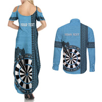 Personalised Fiji Darts Couples Matching Summer Maxi Dress and Long Sleeve Button Shirt Fijian Tapa Pattern - Blue LT14 - Polynesian Pride